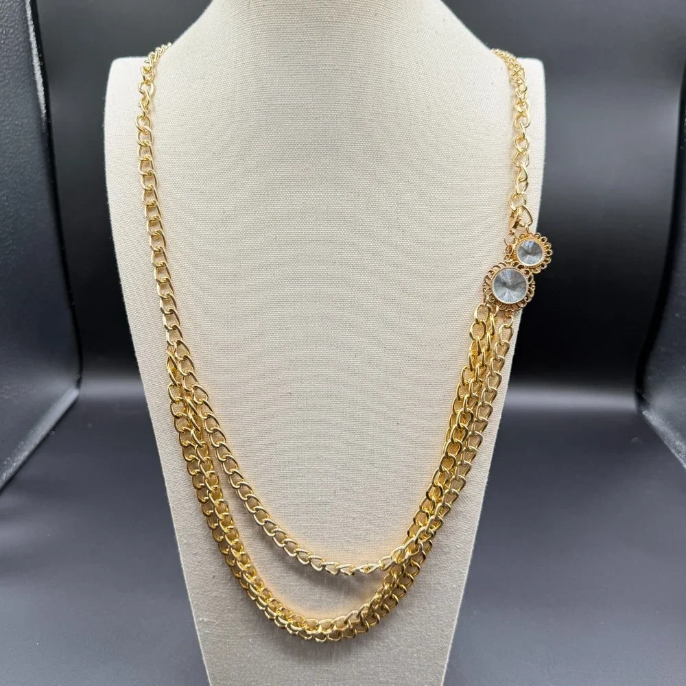 Gold Tone Triple Strand Chain Necklace Clear Rhinestone Statement Layered Boho